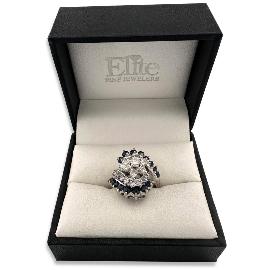 Vintage Natural Diamond & Blue Sapphire Cluster Cocktail Ring in 14k White Gold