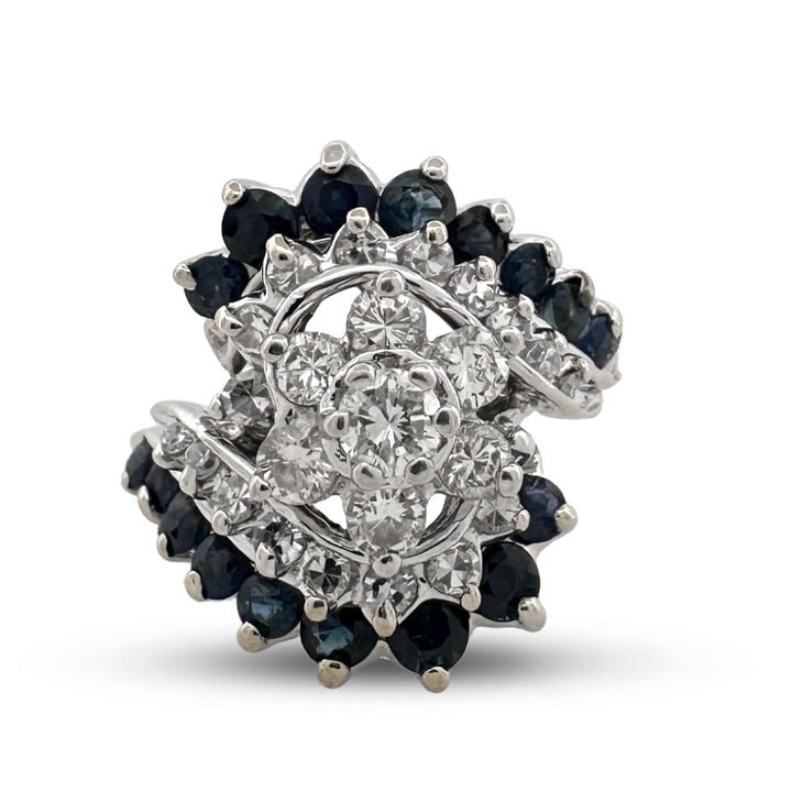 Vintage Natural Diamond & Blue Sapphire Cluster Cocktail Ring in 14k White Gold