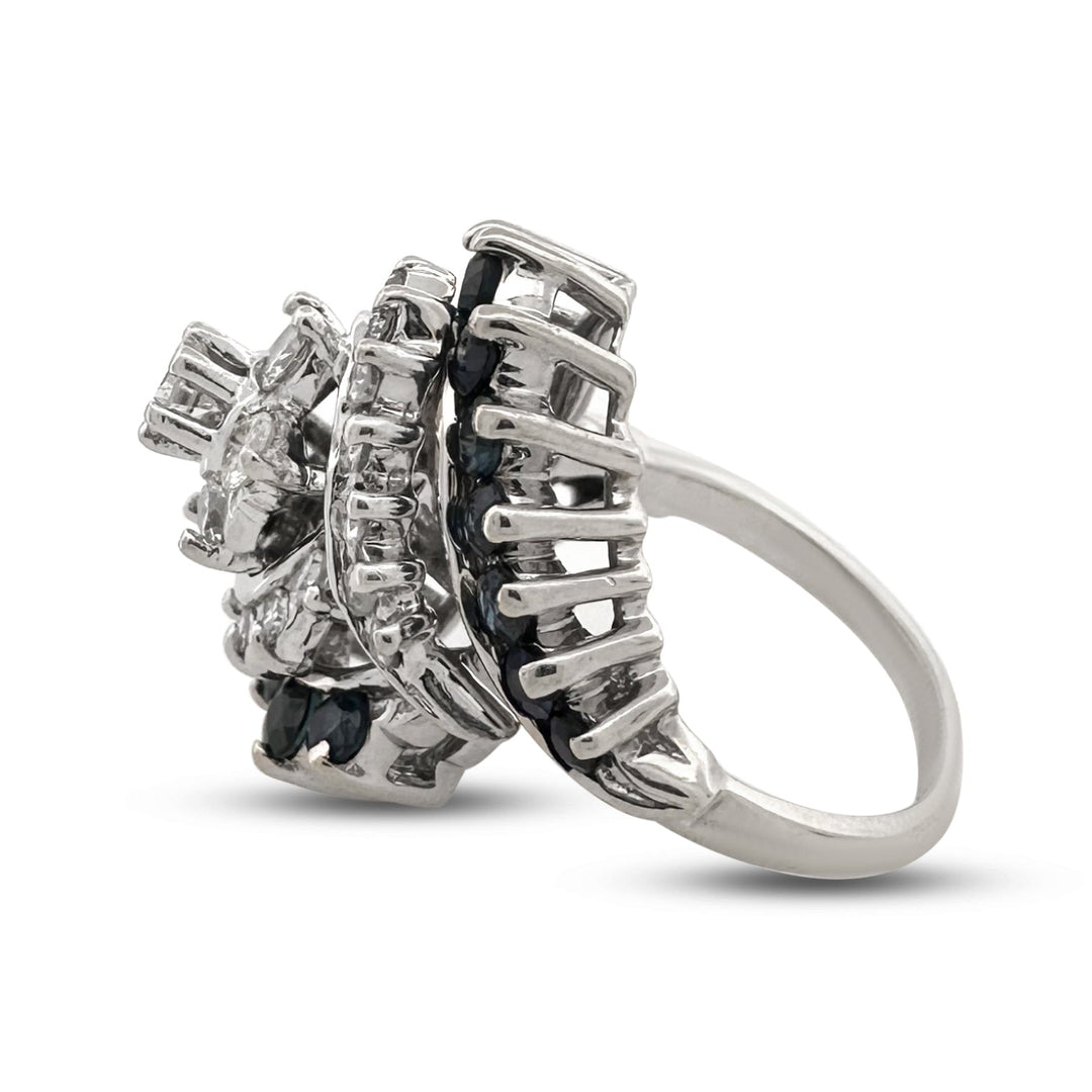 Vintage Natural Diamond & Blue Sapphire Cluster Cocktail Ring in 14k White Gold