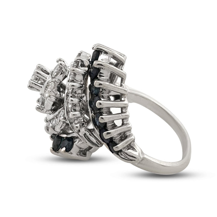 Vintage Natural Diamond & Blue Sapphire Cluster Cocktail Ring in 14k White Gold