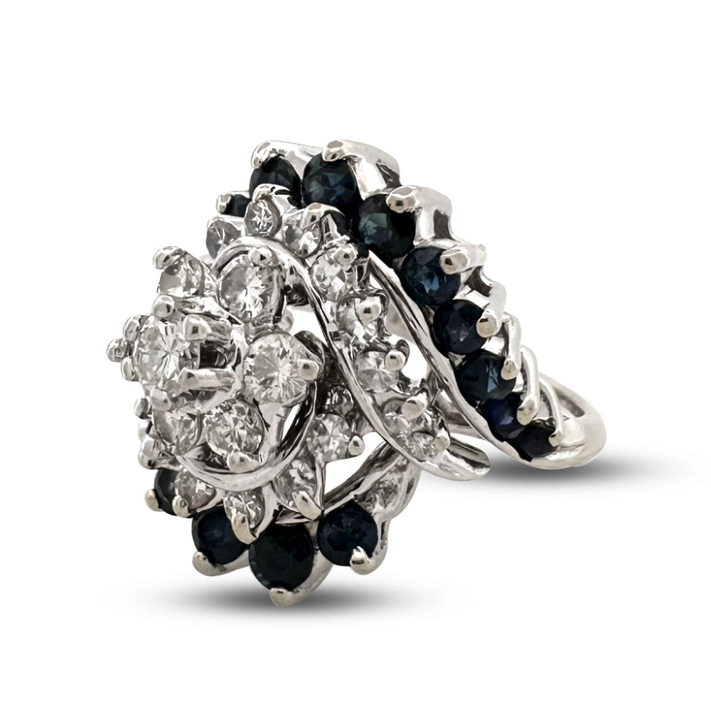 Vintage Natural Diamond & Blue Sapphire Cluster Cocktail Ring in 14k White Gold