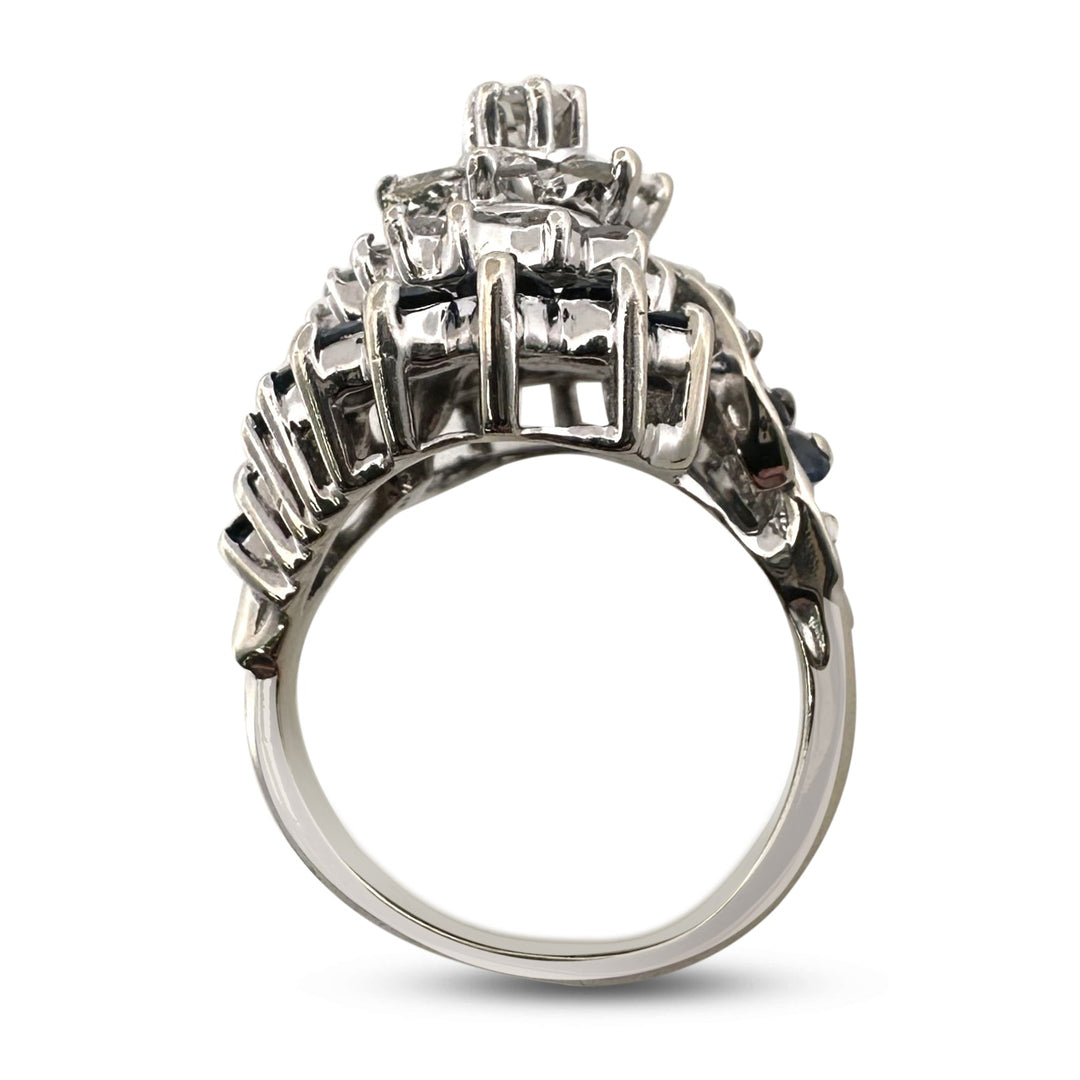 Vintage Natural Diamond & Blue Sapphire Cluster Cocktail Ring in 14k White Gold
