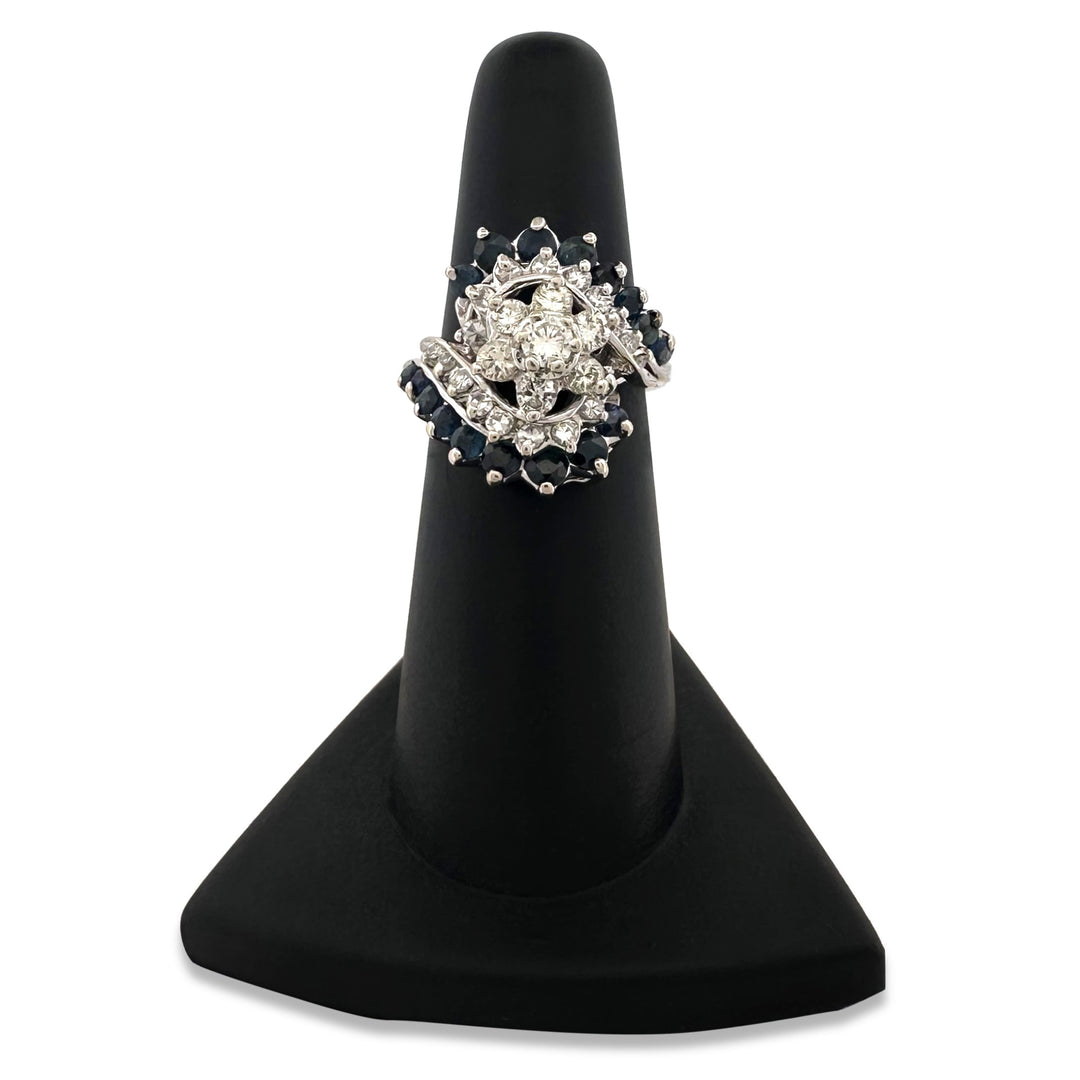 Vintage Natural Diamond & Blue Sapphire Cluster Cocktail Ring in 14k White Gold