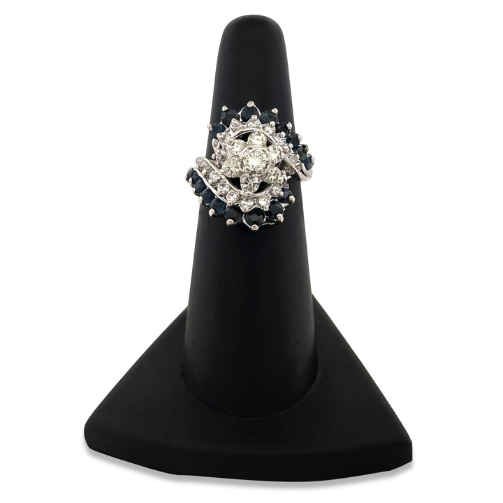 Vintage Natural Diamond & Blue Sapphire Cluster Cocktail Ring in 14k White Gold