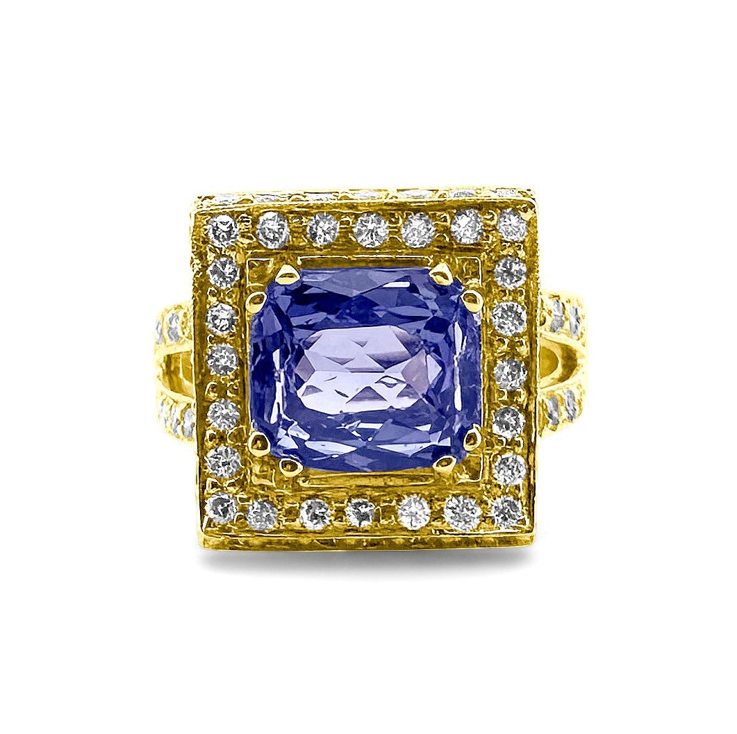 Cushion Cut Tanzanite & Natural Diamond Halo Cocktail Ring in 14k Yellow Gold