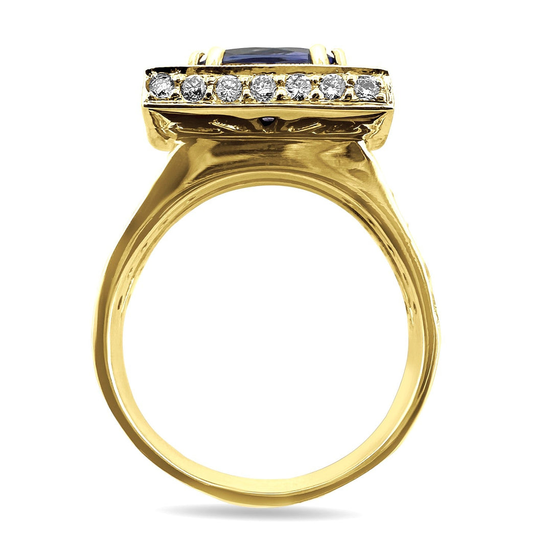 Cushion Cut Tanzanite & Natural Diamond Halo Cocktail Ring in 14k Yellow Gold