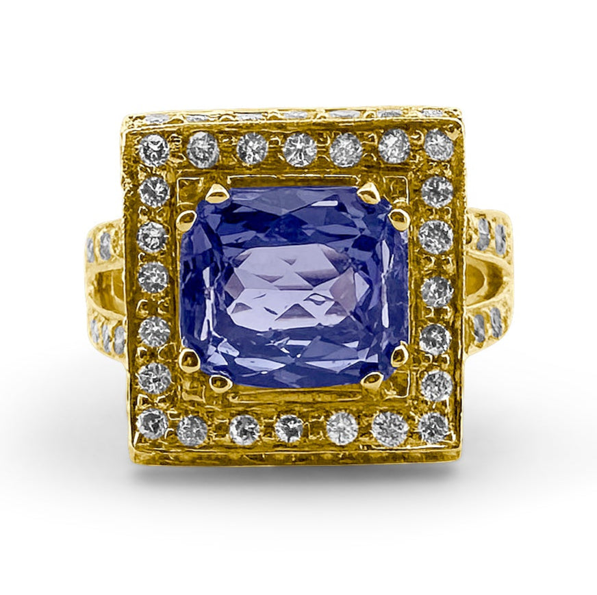 Cushion Cut Tanzanite & Diamond Halo 14k Yellow Gold Ring