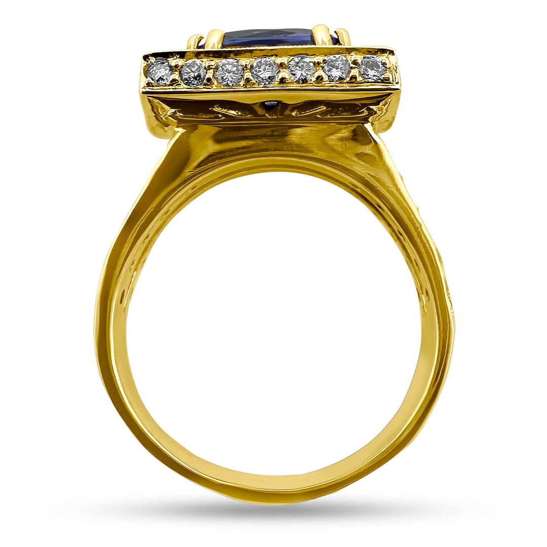 Cushion Cut Tanzanite & Diamond Halo 14k Yellow Gold Ring