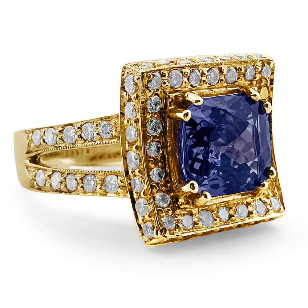 Cushion Cut Tanzanite & Diamond Halo 14k Yellow Gold Ring