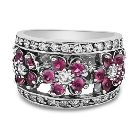 Pink Sapphire & Natural Diamond Cocktail Ring in 14k White Gold