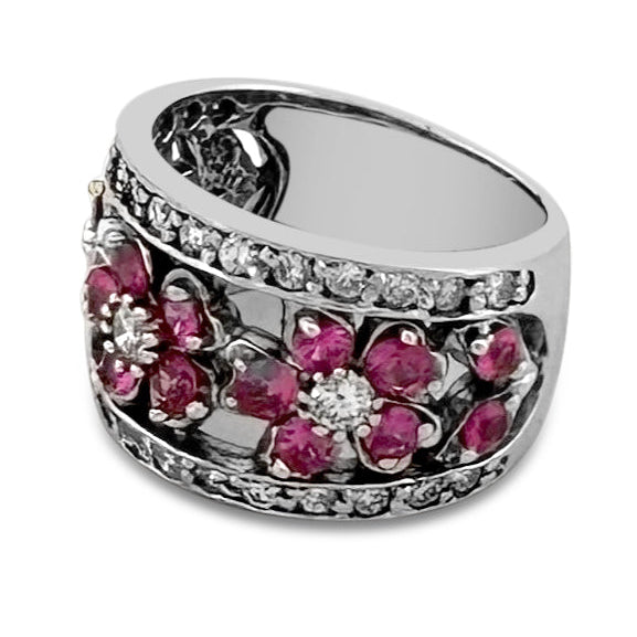 Pink Sapphire & Natural Diamond Cocktail Ring in 14k White Gold