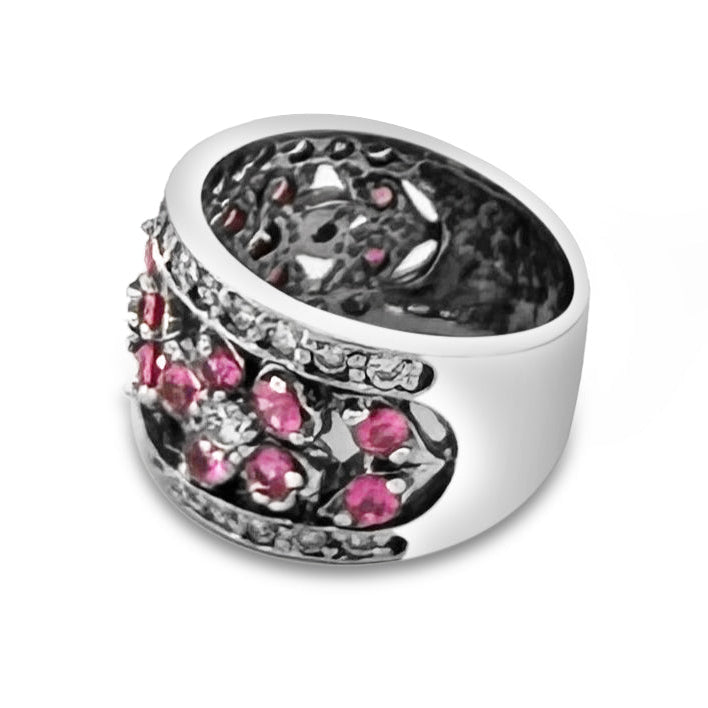 Pink Sapphire & Natural Diamond Cocktail Ring in 14k White Gold