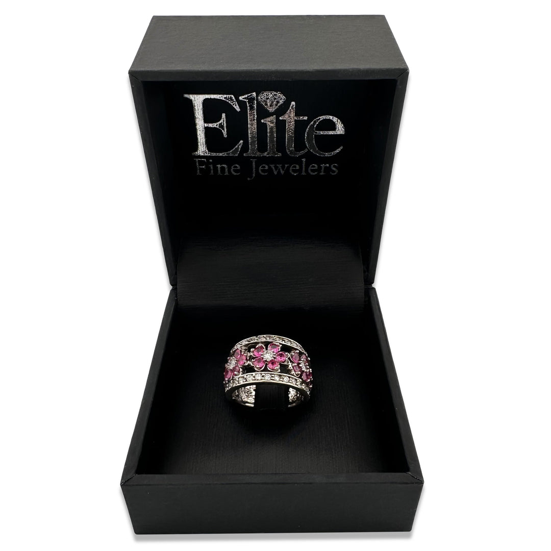 Pink Sapphire & Natural Diamond Cocktail Ring in 14k White Gold