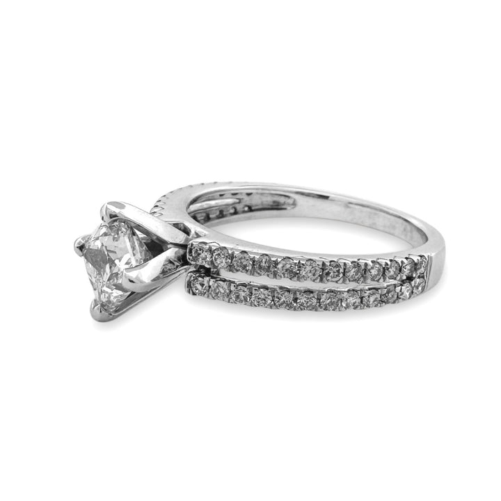 IGI Graded 1.06ct Princess & Round Brilliant Natural Diamond Diagonal Engagement Ring in 14k White Gold