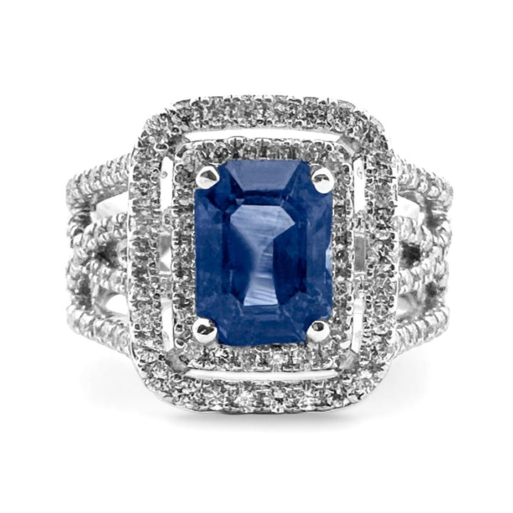 2.01cts Radiant Cut Sapphire with Natural Diamond Double Halo Ring in 18k White Gold
