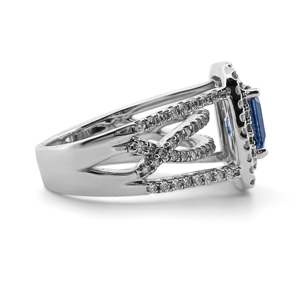 2.01cts Radiant Cut Sapphire with Natural Diamond Double Halo Ring in 18k White Gold