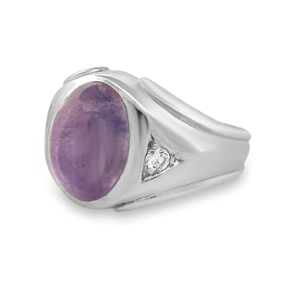 Lavender Sapphire Cabochon and Natural Diamond Ring in 14k White Gold