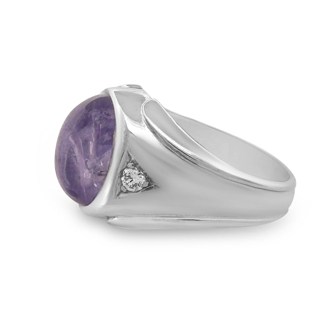 Lavender Sapphire Cabochon and Natural Diamond Ring in 14k White Gold