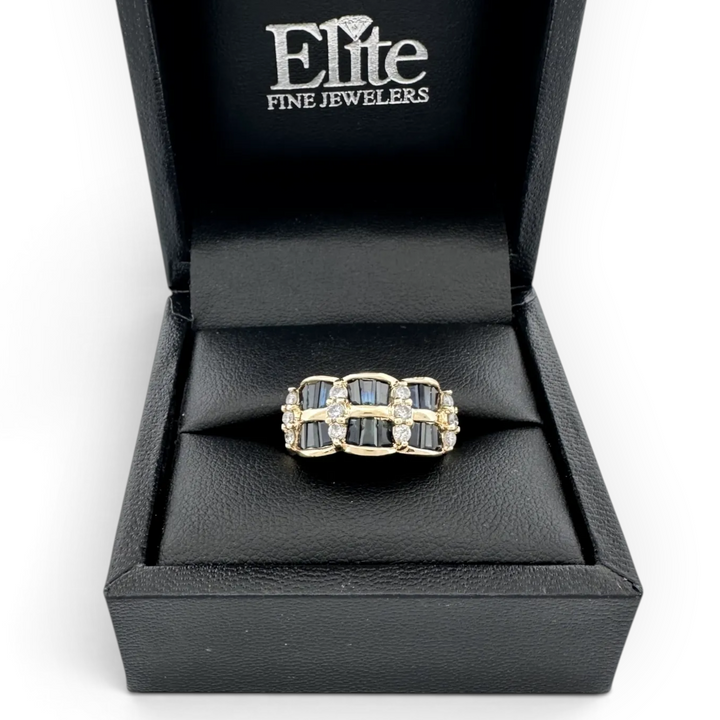 Baguette Sapphire and Round Brilliant Diamond Cocktail Ring in 14k Yellow Gold