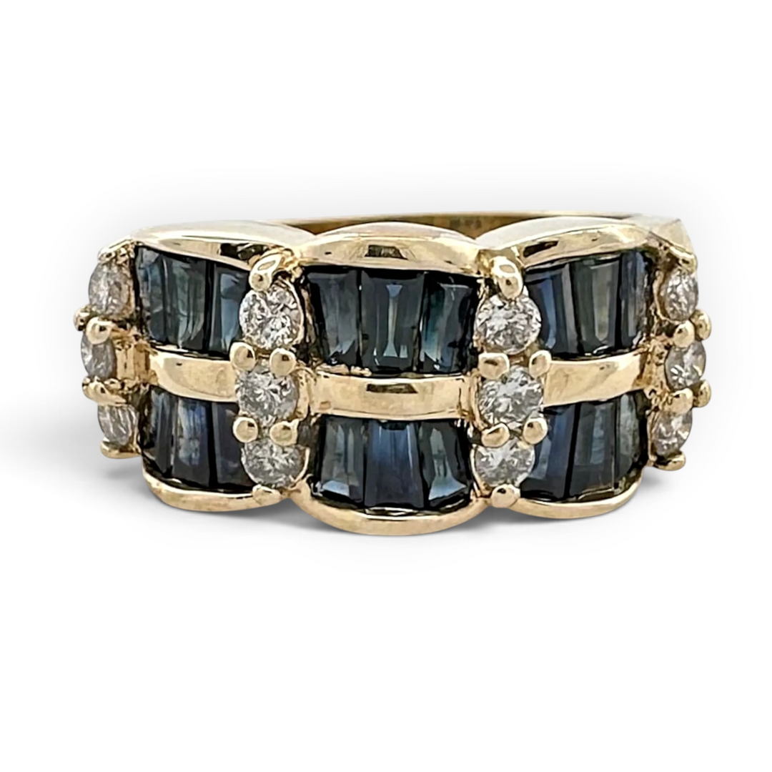 Baguette Sapphire and Round Brilliant Diamond Cocktail Ring in 14k Yellow Gold
