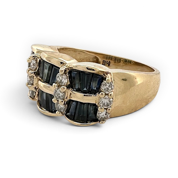 Baguette Sapphire and Round Brilliant Diamond Cocktail Ring in 14k Yellow Gold