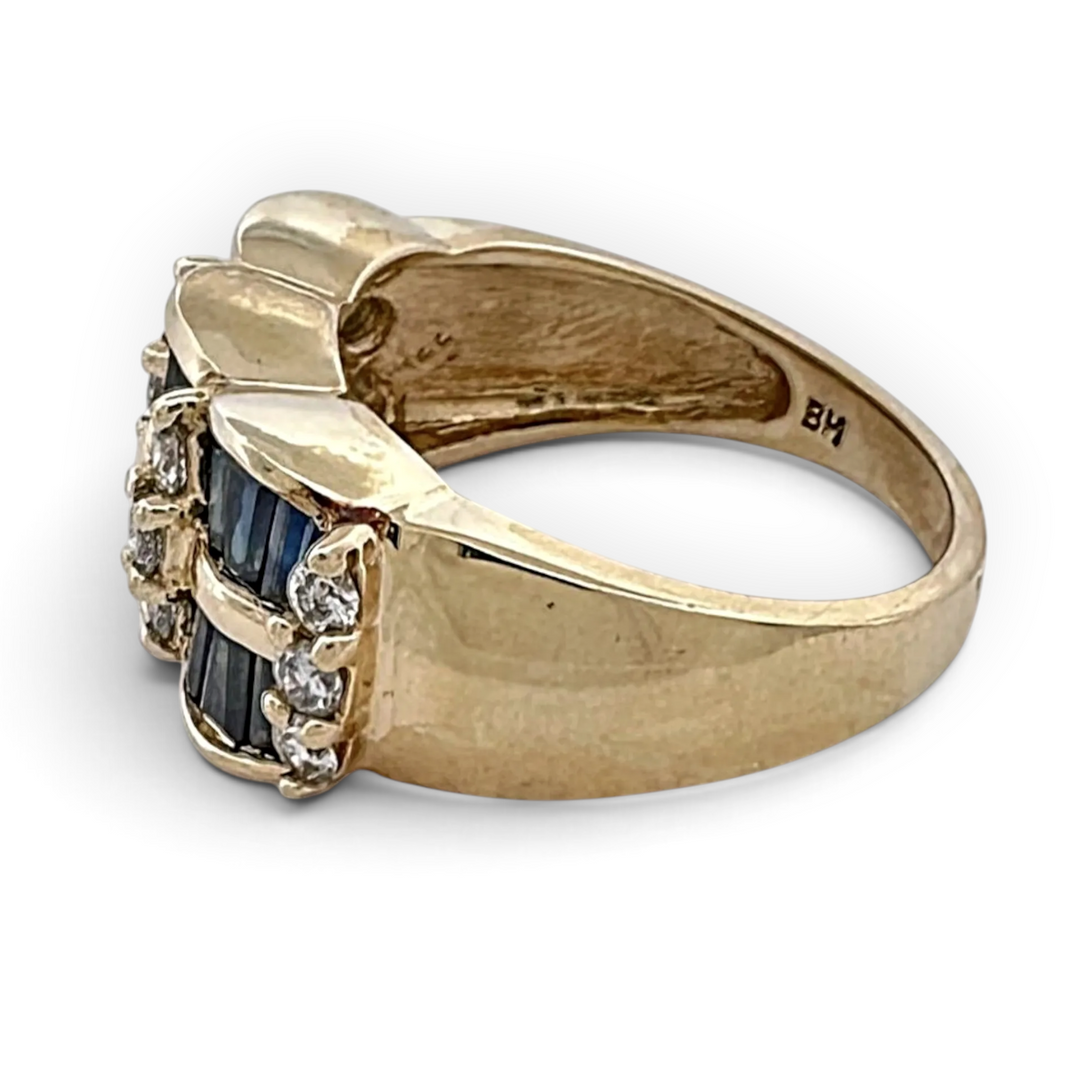 Baguette Sapphire and Round Brilliant Diamond Cocktail Ring in 14k Yellow Gold