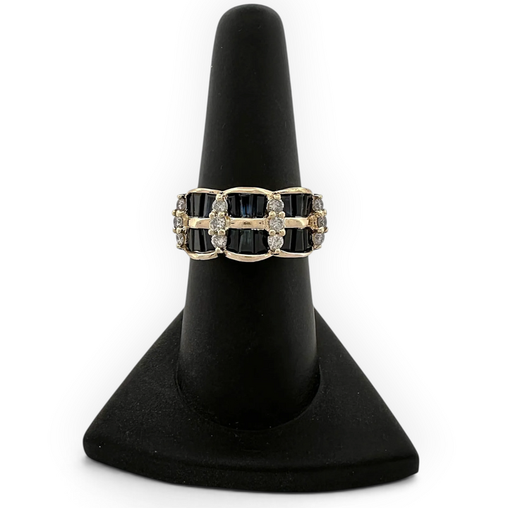 Baguette Sapphire and Round Brilliant Diamond Cocktail Ring in 14k Yellow Gold