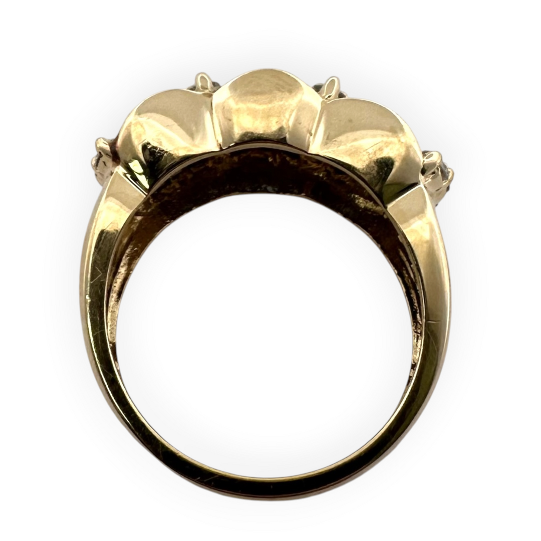 Baguette Sapphire and Round Brilliant Diamond Scalloped Cocktail Ring in 14k Yellow Gold