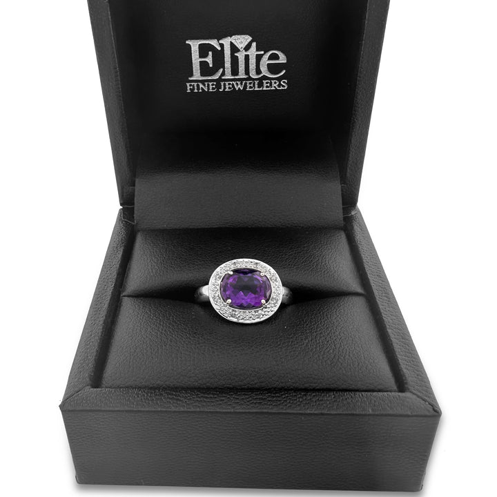Oval Amethyst & Natural Round Diamond Cocktail Ring in 14k White Gold