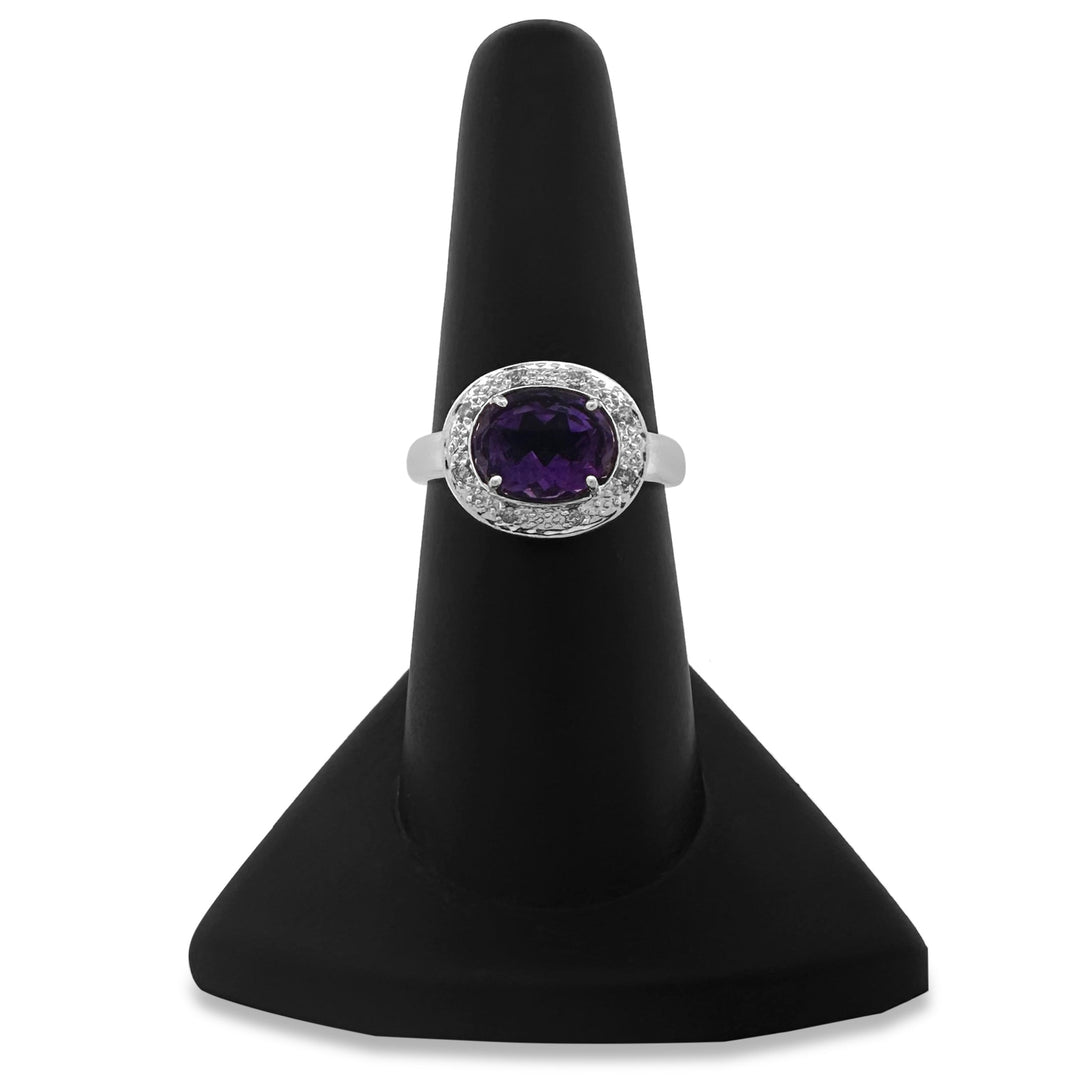 Oval Amethyst & Natural Round Diamond Cocktail Ring in 14k White Gold