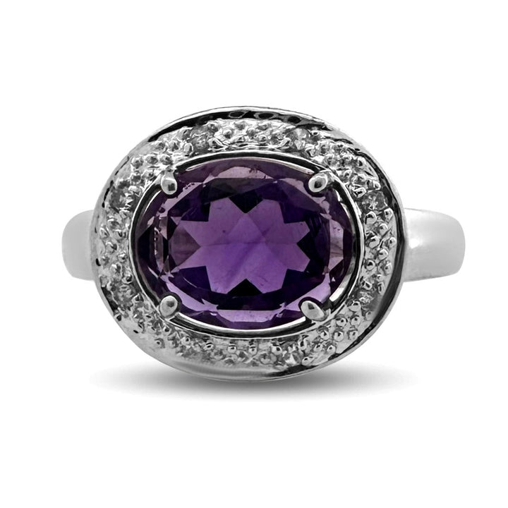 Oval Amethyst & Natural Round Diamond Cocktail Ring in 14k White Gold