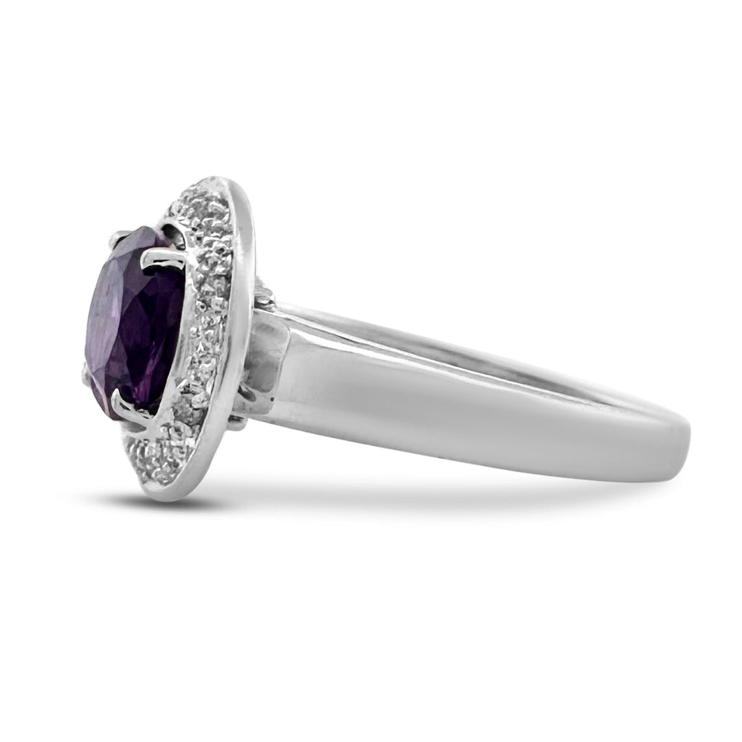 Oval Amethyst & Natural Round Diamond Cocktail Ring in 14k White Gold