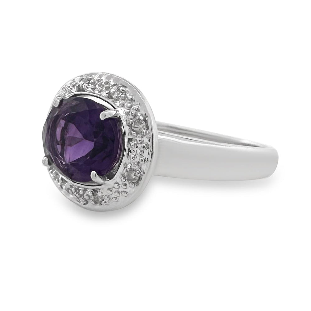 Oval Amethyst & Natural Round Diamond Cocktail Ring in 14k White Gold
