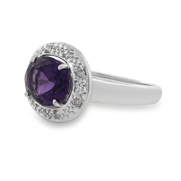 Oval Amethyst & Natural Round Diamond Cocktail Ring in 14k White Gold