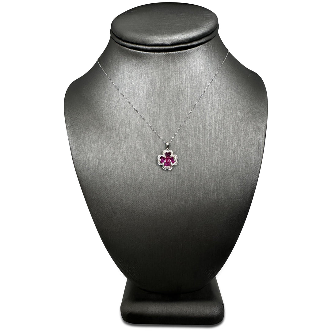 Ruby and Diamond Clover Illusion Pendant Necklace in 14k White Gold