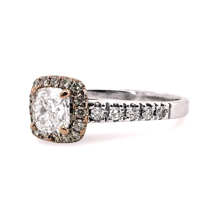GIA Graded 1.40ctw Cushion Cut & Round Brilliant Halo Natural Diamond Engagement Ring in 14k Two-tone Gold