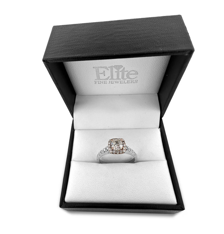 GIA Graded 1.40ctw Cushion Cut & Round Brilliant Halo Natural Diamond Engagement Ring in 14k Two-tone Gold