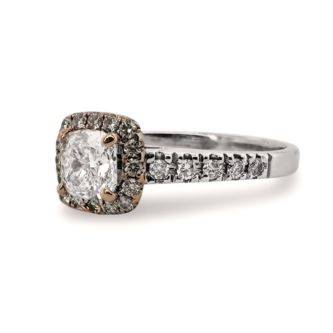 GIA Graded 1.40ctw Cushion Cut & Round Brilliant Halo Natural Diamond Engagement Ring in 14k Two-tone Gold