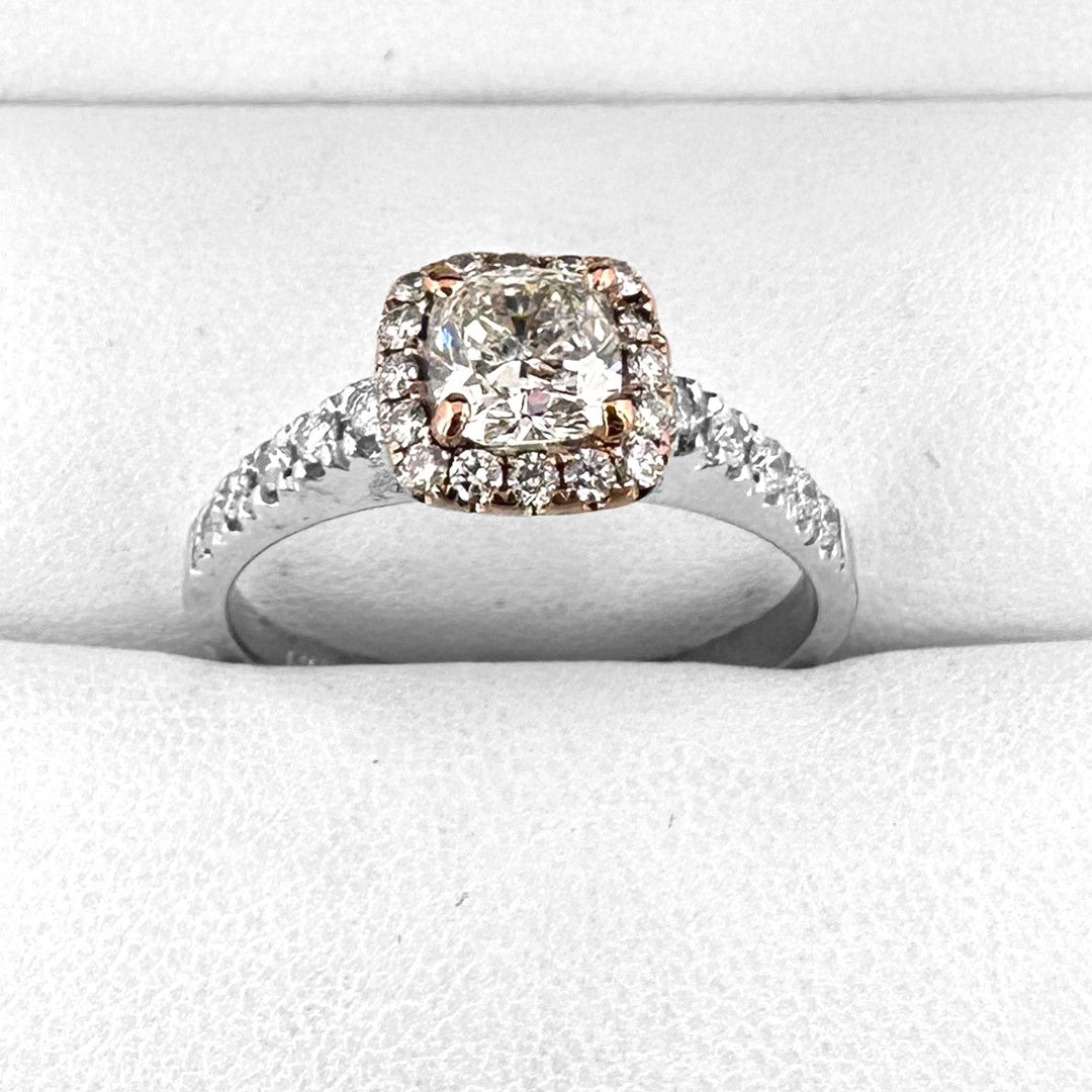 GIA Graded 1.40ctw Cushion Cut & Round Brilliant Halo Natural Diamond Engagement Ring in 14k Two-tone Gold