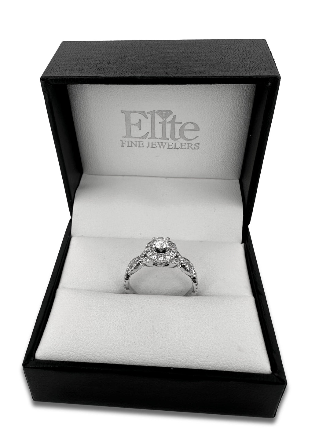 0.92ctw Round Brilliant Natural Diamond Halo Engagement Ring in 14k White Gold by Neil Lane