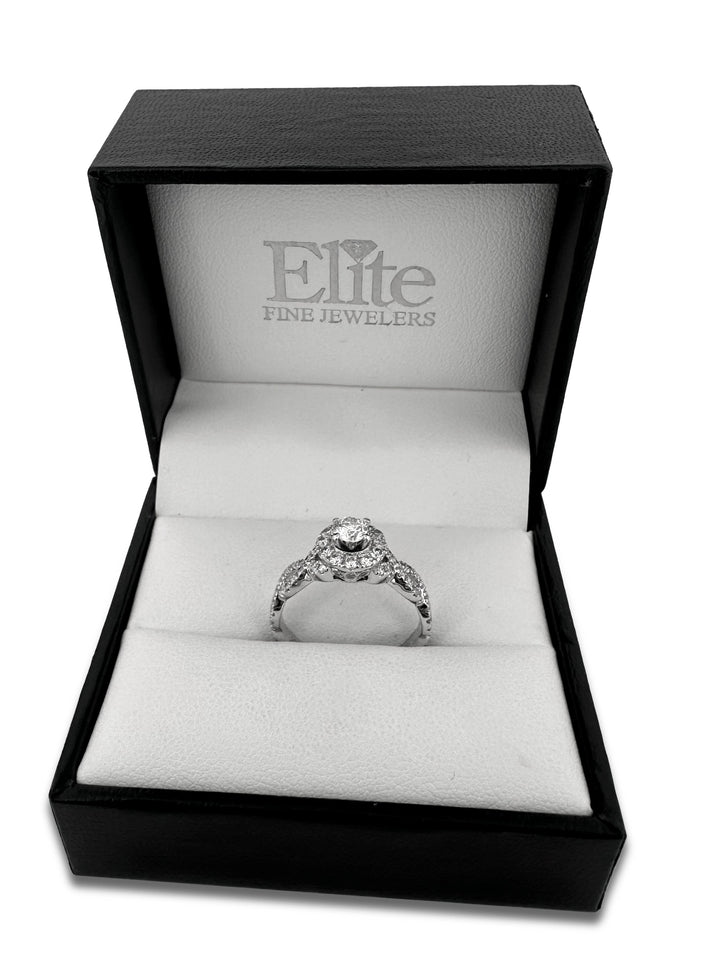 0.92ctw Round Brilliant Natural Diamond Halo Engagement Ring in 14k White Gold by Neil Lane