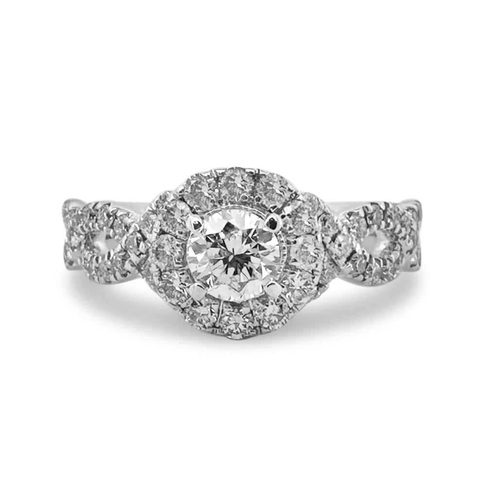 0.92ctw Round Brilliant Natural Diamond Halo Engagement Ring in 14k White Gold by Neil Lane