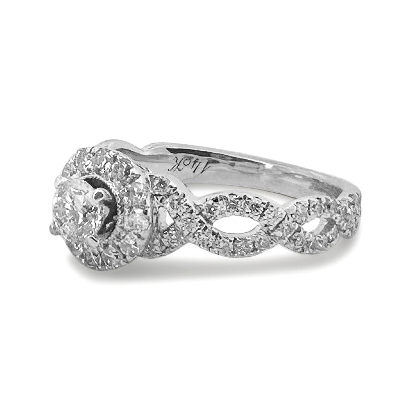 0.92ctw Round Brilliant Natural Diamond Halo Engagement Ring in 14k White Gold by Neil Lane