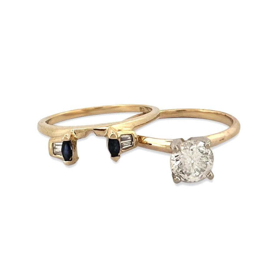 0.79ctw Round Brilliant & Tapered Baguette Natural Diamond with Sapphires Wedding Set in 14k Two-tone Gold
