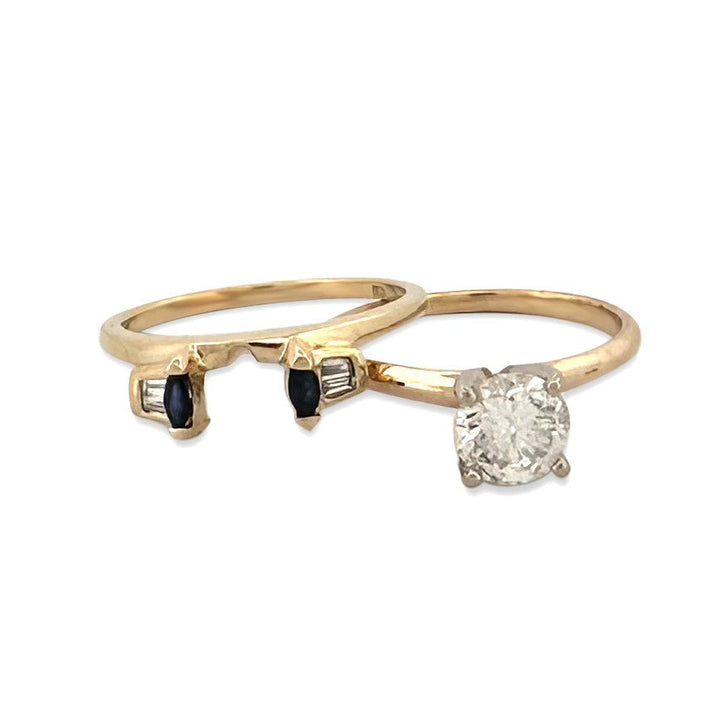0.79ctw Round Brilliant & Tapered Baguette Natural Diamond with Sapphires Wedding Set in 14k Two-tone Gold