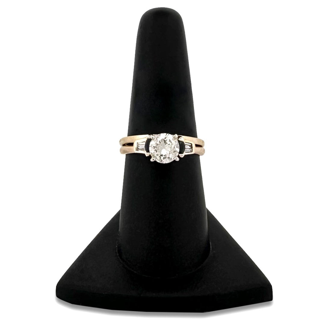 0.79ctw Round Brilliant & Tapered Baguette Natural Diamond with Sapphires Wedding Set in 14k Two-tone Gold