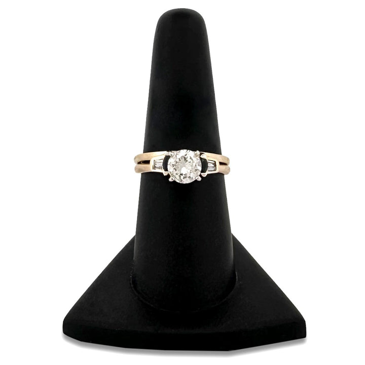 0.79ctw Round Brilliant & Tapered Baguette Natural Diamond with Sapphires Wedding Set in 14k Two-tone Gold