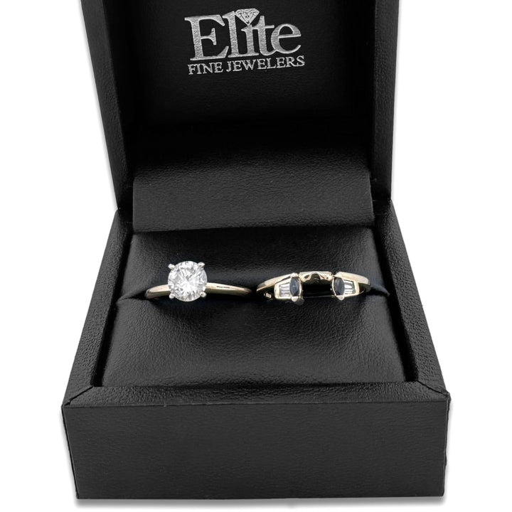 0.79ctw Round Brilliant & Tapered Baguette Natural Diamond with Sapphires Wedding Set in 14k Two-tone Gold