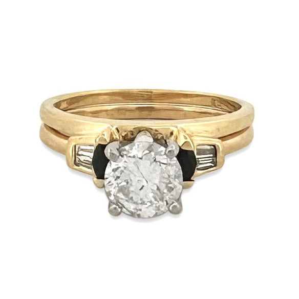 0.79ctw Round Brilliant & Tapered Baguette Natural Diamond with Sapphires Wedding Set in 14k Two-tone Gold