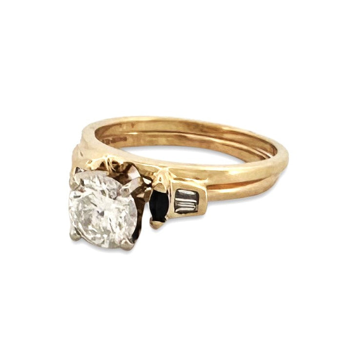 0.79ctw Round Brilliant & Tapered Baguette Natural Diamond with Sapphires Wedding Set in 14k Two-tone Gold